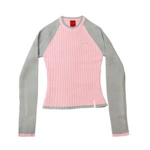 Vintage Y2K Southpole Pink Gray Ribbed Knit Raglan Long Sleeve Sweater Top Small